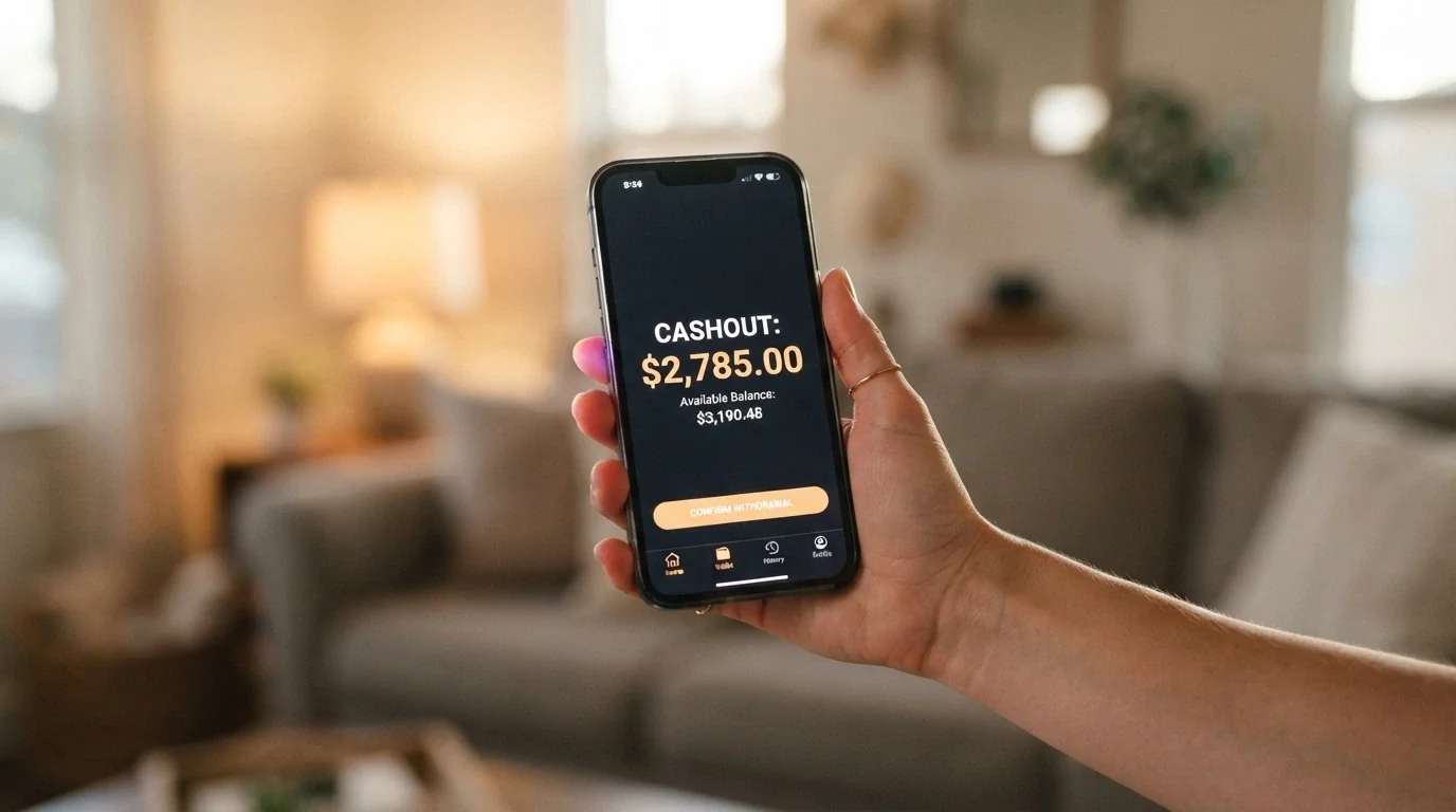 A hand holding a smartphone displaying a withdrawal screen with a “maximum cashout A$100” restriction highlighted