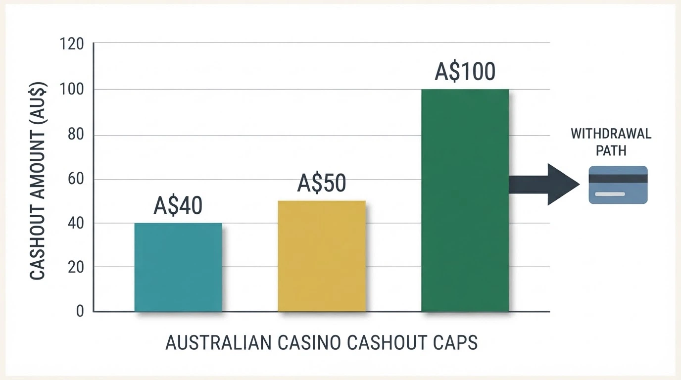 A simple bar chart or visual showing three different cashout-cap levels — A$40, A$50, A$100 — with a withdrawal arrow pointing to a bank card