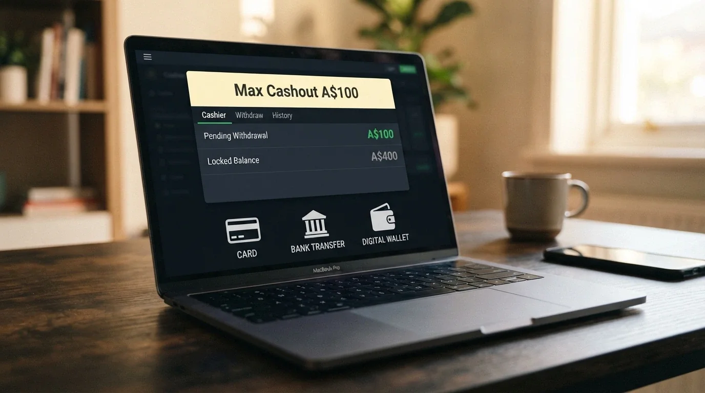 A casino withdrawal screen with a “max cashout AU$100” notice displayed, a pending withdrawal amount of $100 next to a locked balance of $400, and payment-method icons below