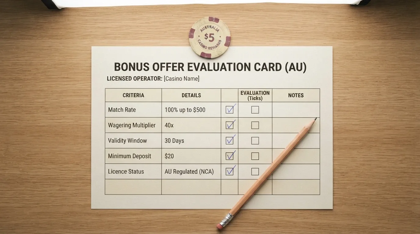 A checklist or scorecard layout showing the evaluation criteria — match rate, wagering, validity, minimum deposit and licence status — with checkmarks beside each
