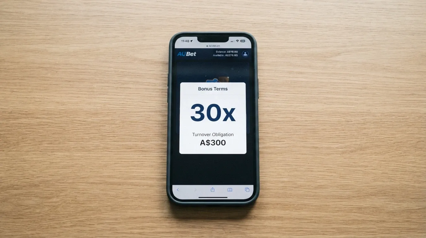 A casino bonus terms pop-up on a smartphone with the wagering requirement figure (30x) and turnover obligation highlighted against an AUD balance