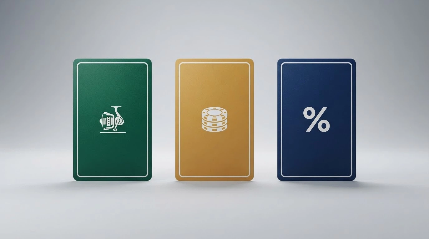 Three illustrated cards labelled Free Spins, No Deposit and Deposit Match arranged side by side, each with a different colour and icon