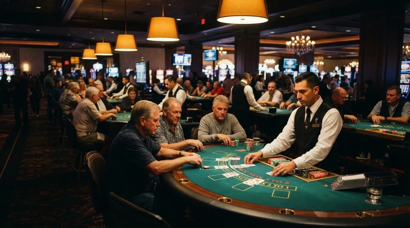 blackjack and roulette tables in play on the Casino Canberra gaming floor with dealers at their stations