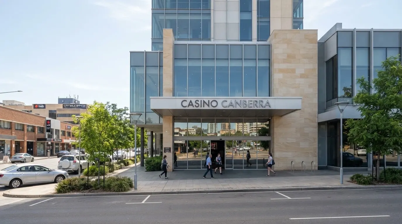 the Casino Canberra building and Binara Street entrance in the Canberra CBD during the day
