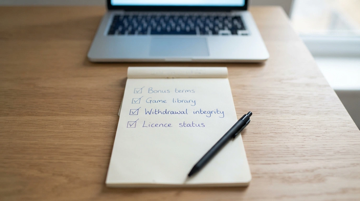A clean desk scene with a notepad showing a handwritten checklist of evaluation criteria (bonus terms, game library, withdrawal integrity, licence status), a laptop screen out of focus in the background