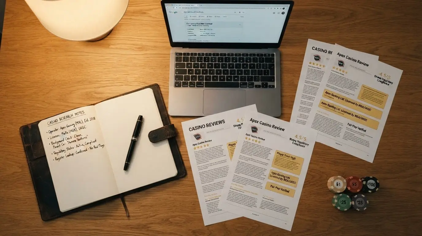 A desk surface with a notebook, a screen showing an ACMA licence-register search, and casino review pages open — the research process visualised.