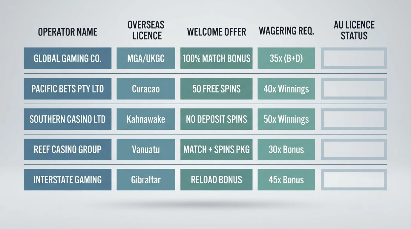 A comparison table or grid layout showing operator names aligned with licence-status labels, bonus types and wagering multiples, the “Australian licence” column empty for every row