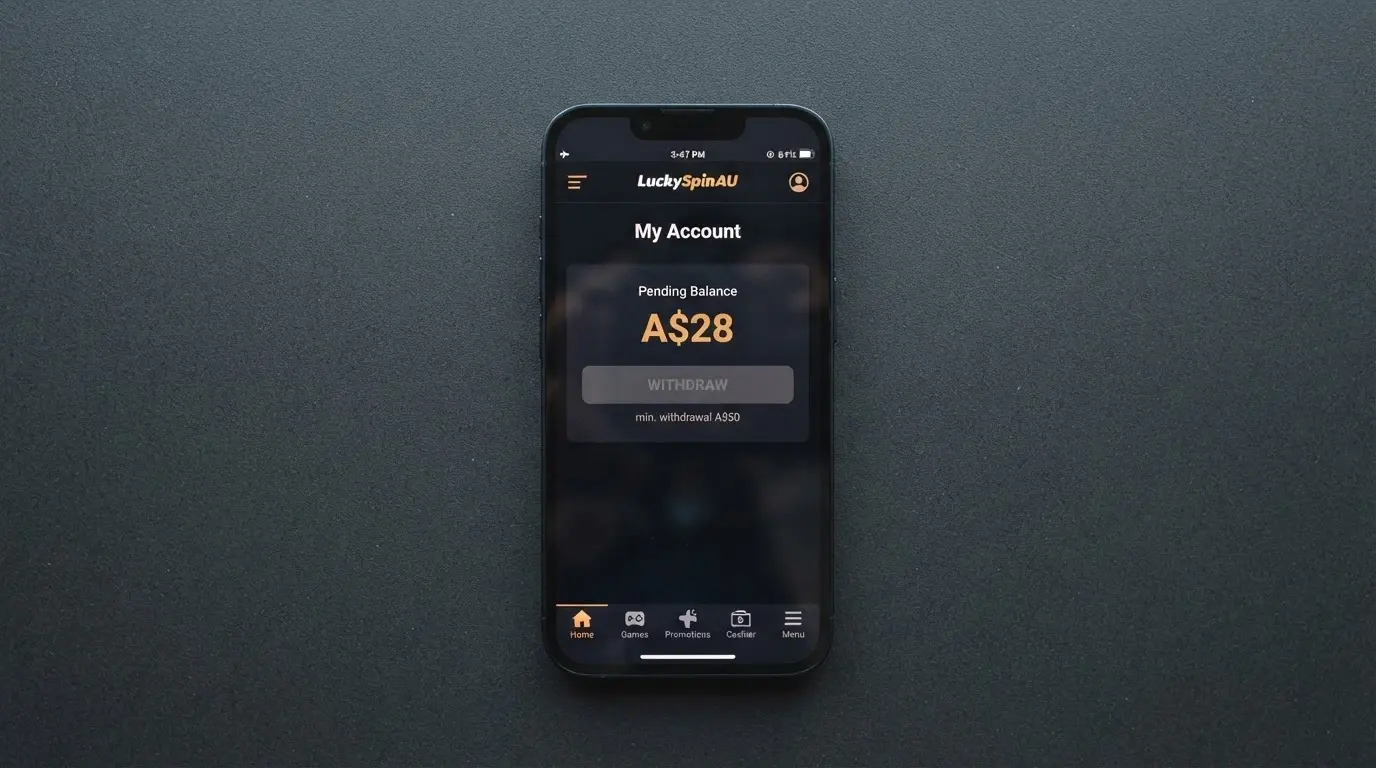 A casino withdrawal screen showing a pending A$28 balance with a greyed-out withdraw button and a note reading minimum withdrawal A$50