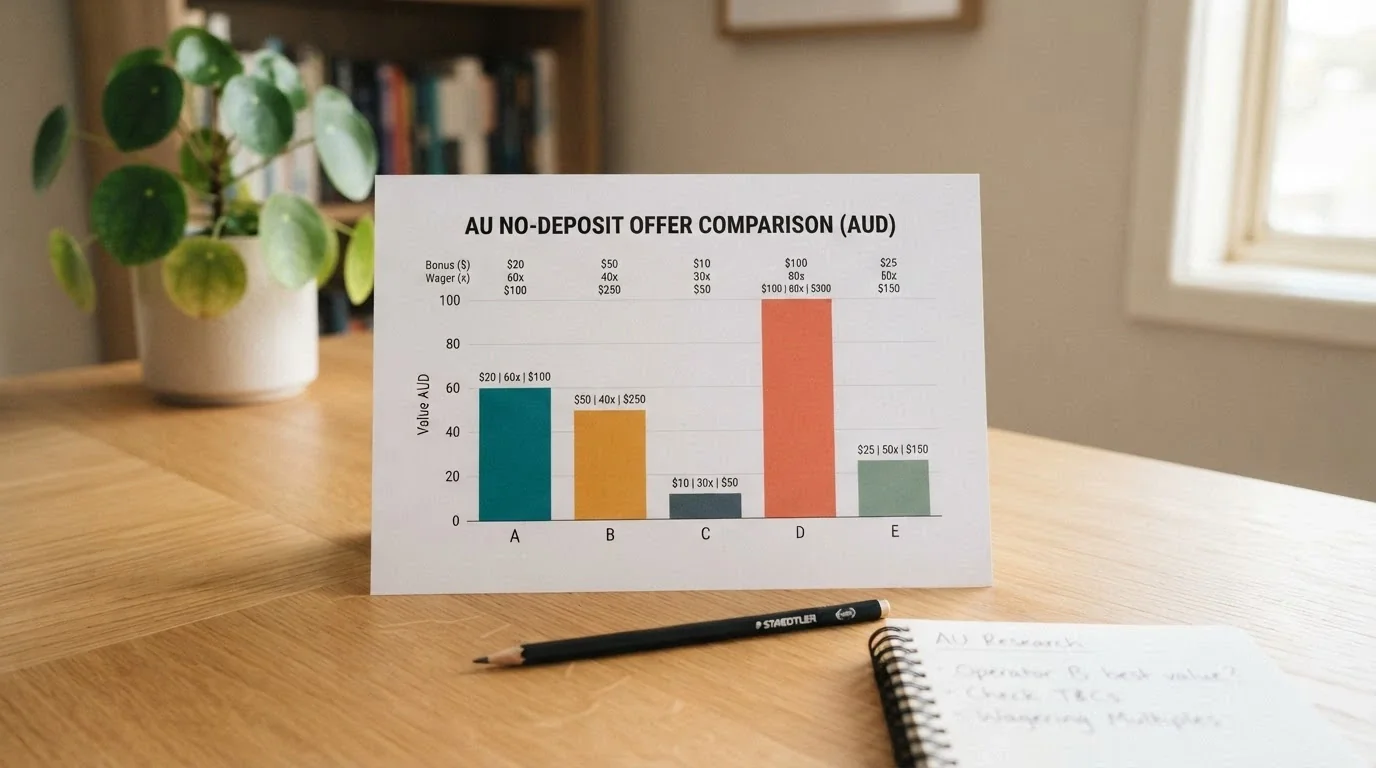 A comparison chart listing casino names beside no-deposit offer amounts, wagering multiples and cashout caps