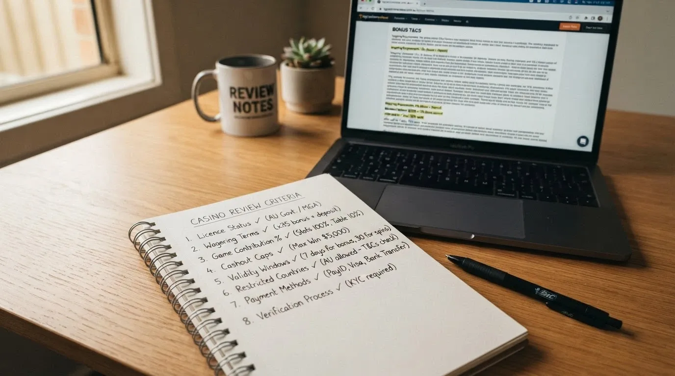 A desk setup with a notepad showing a checklist of review criteria beside a laptop displaying a casino terms and conditions page