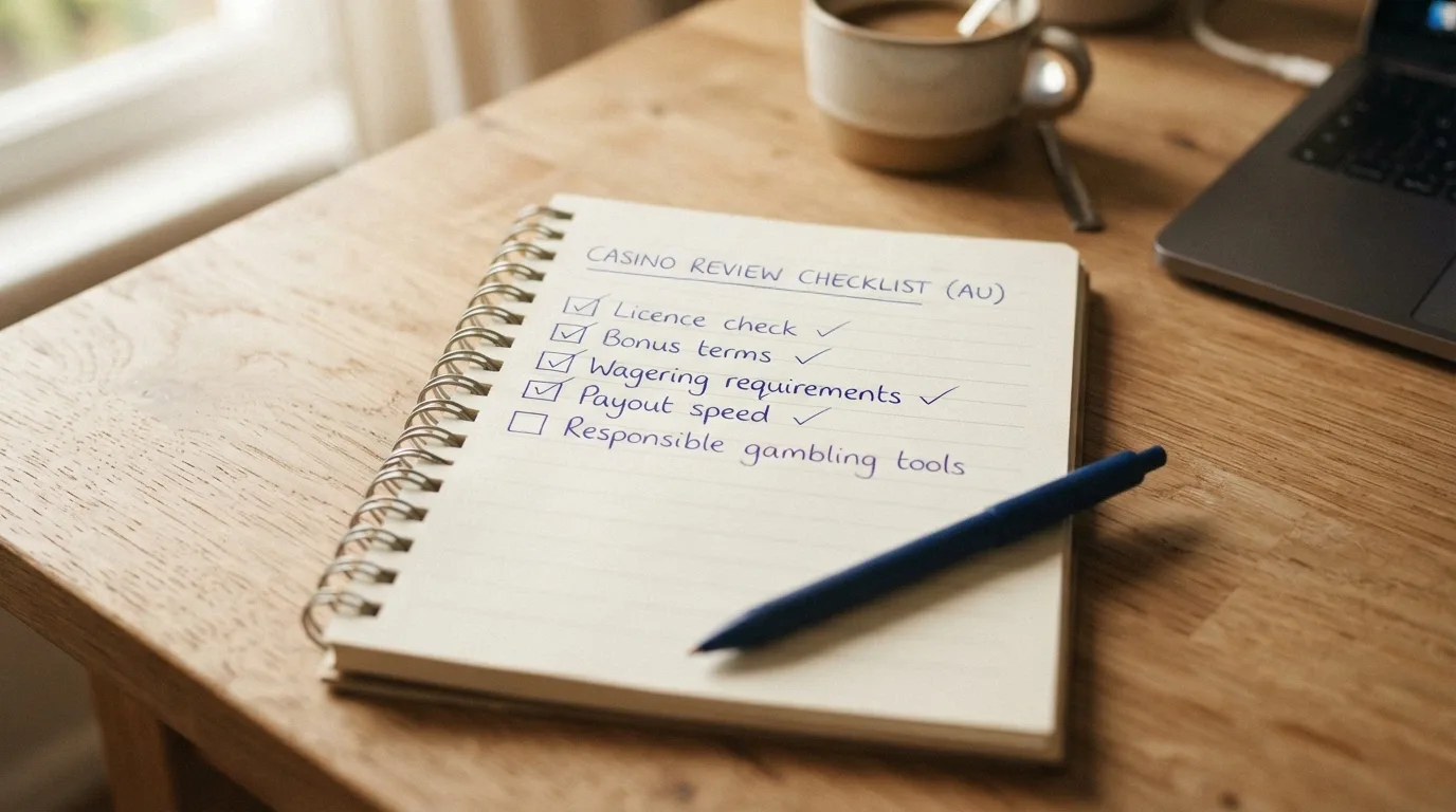A notepad with a checklist of evaluation criteria including licence check, bonus terms, wagering requirements and payout speed, with several items ticked off