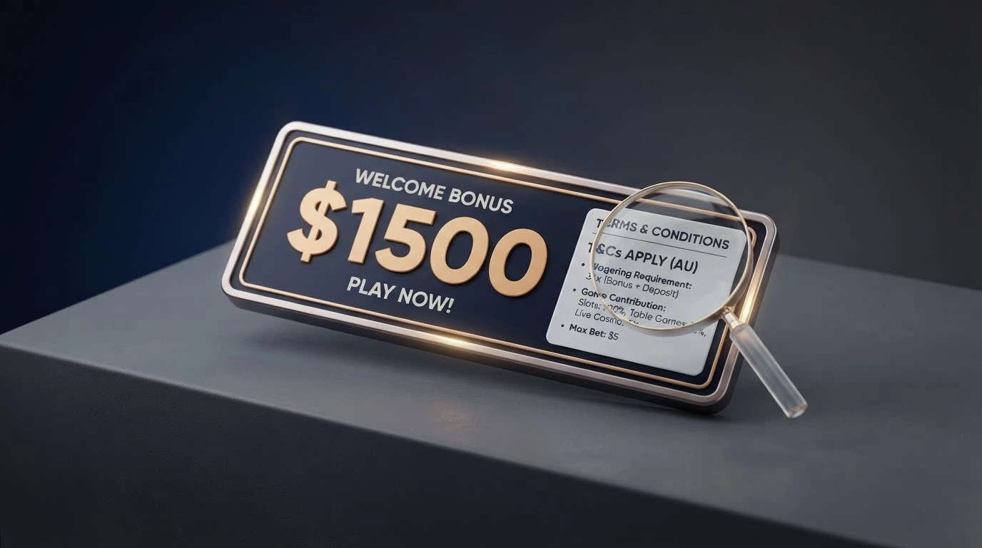 A welcome-offer banner reading a large bonus amount in AUD beside a magnified terms box showing the wagering multiple and game-weighting clause