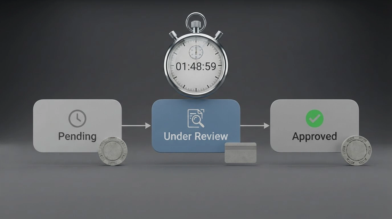 A calendar and clock interface layered over casino-branded withdrawal-status screens showing “pending,” “under review” and “approved” stages with different method icons beside each one, a stopwatch graphic counting up