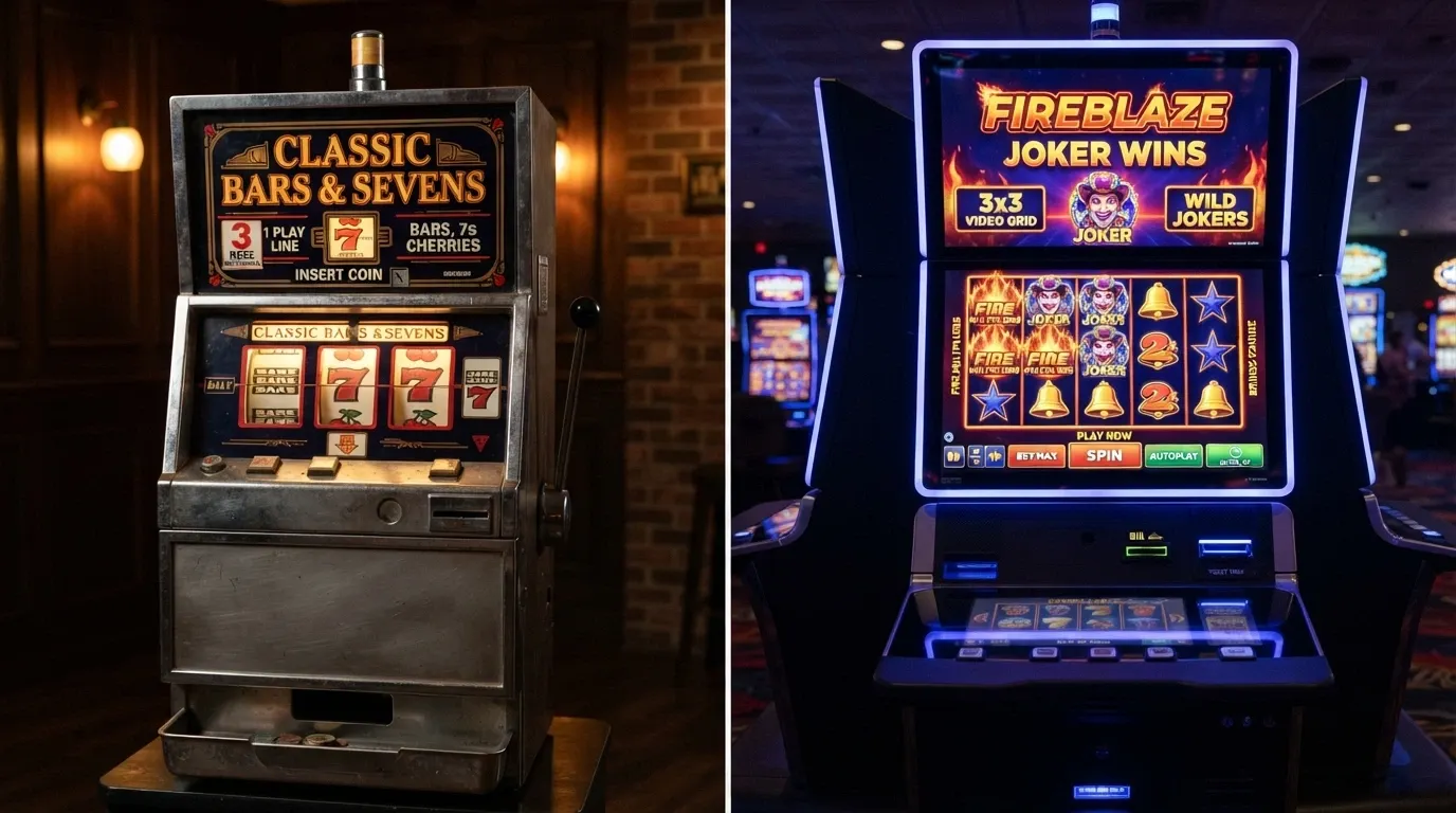 A split-screen comparison: on the left a mechanical-style stepper slot with physical-look reels, on the right a bright video 3×3 grid with animated bonus symbols