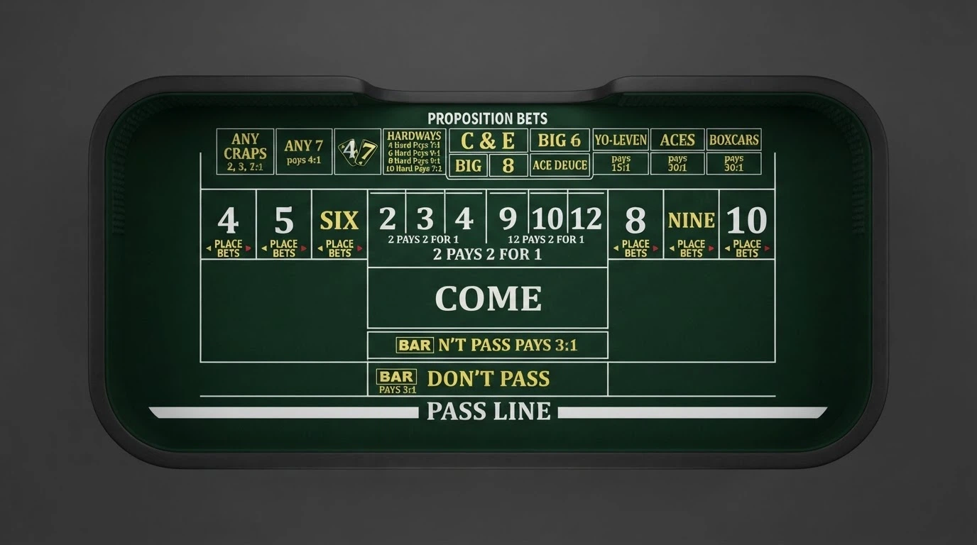 A labelled diagram of a standard craps table layout highlighting the Pass Line, Don't Pass, Come, Field and proposition bet areas