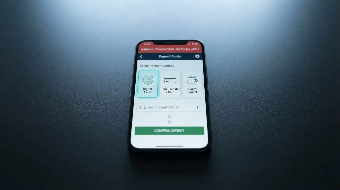 A smartphone displaying a casino deposit screen with Bitcoin and cryptocurrency options, overlaid with an Australian regulatory warning
