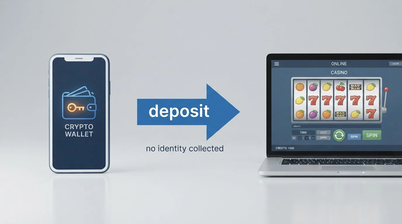 A diagram showing three stages — a crypto wallet on the left, an arrow labelled “deposit” pointing to a casino interface in the centre, and the words “no identity collected” beneath