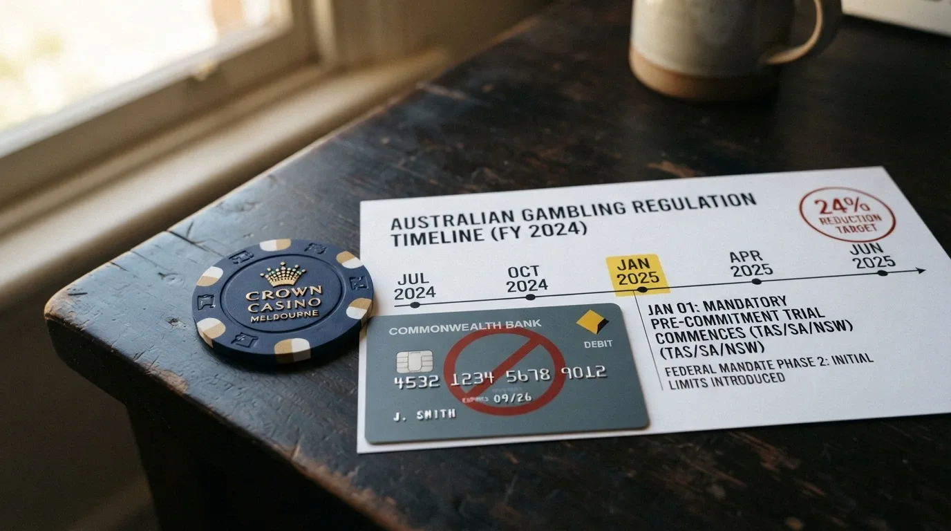 A bitcoin token beside an Australian bank card crossed out by a red prohibition symbol, with a calendar showing the 11 June 2024 ban date and a cashback-percentage badge in the corner