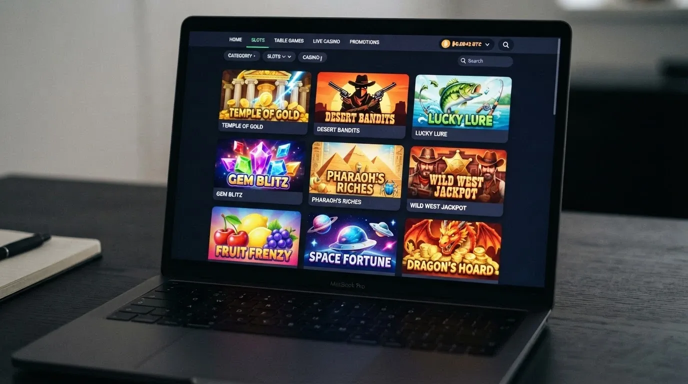 A grid of slot game cover tiles from Pragmatic Play, Hacksaw Gaming and BGaming in a crypto casino game lobby