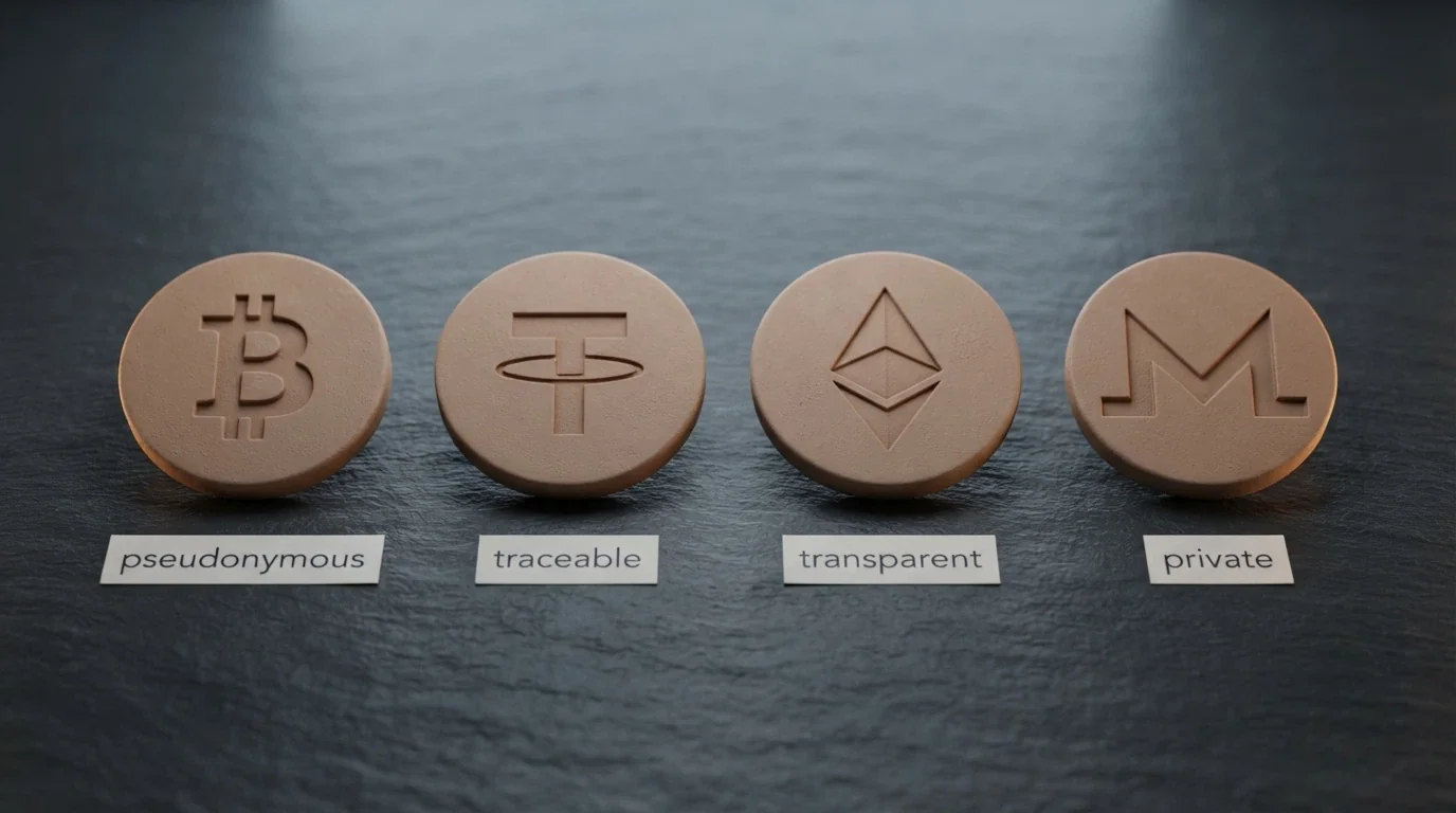 A comparison visual of four cryptocurrency logos — Bitcoin, USDT, Ethereum and Monero — with privacy labels beneath each (pseudonymous, traceable, transparent, private)