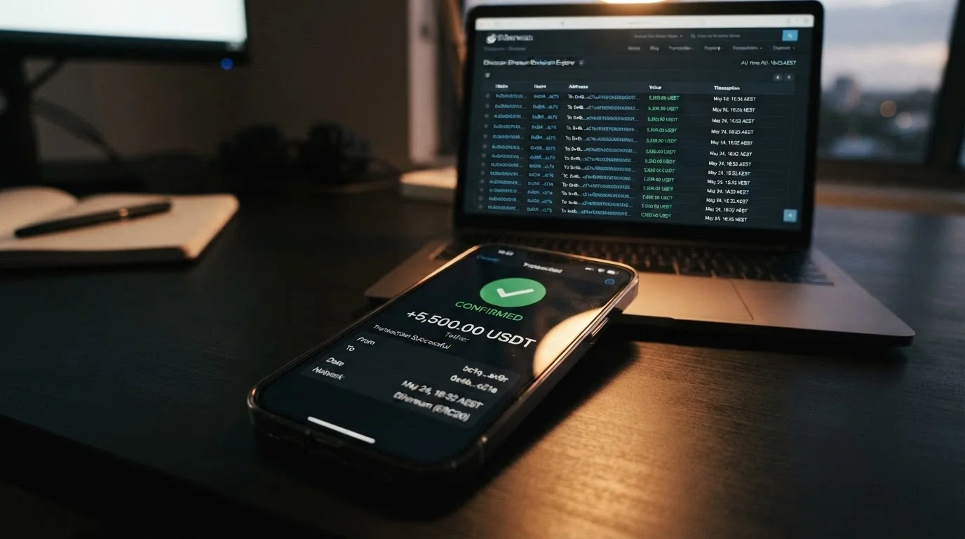 A smartphone displaying a crypto wallet with a USDT TRC-20 transaction confirmation, the blockchain explorer visible in the background on a laptop screen, a casino logo blurred in the corner
