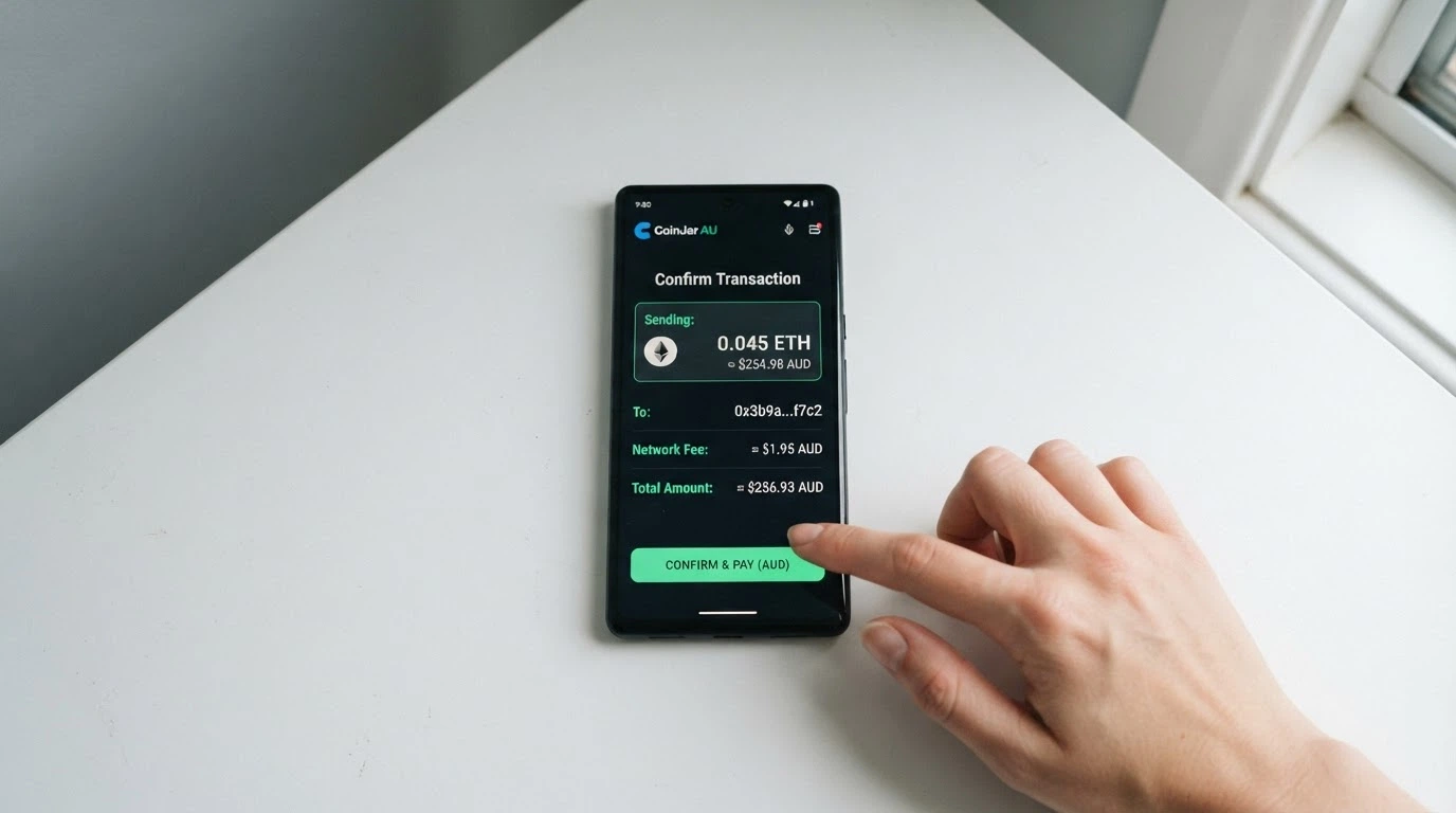 A cryptocurrency wallet app showing a Litecoin or Bitcoin transfer confirmation with a small AUD-equivalent amount