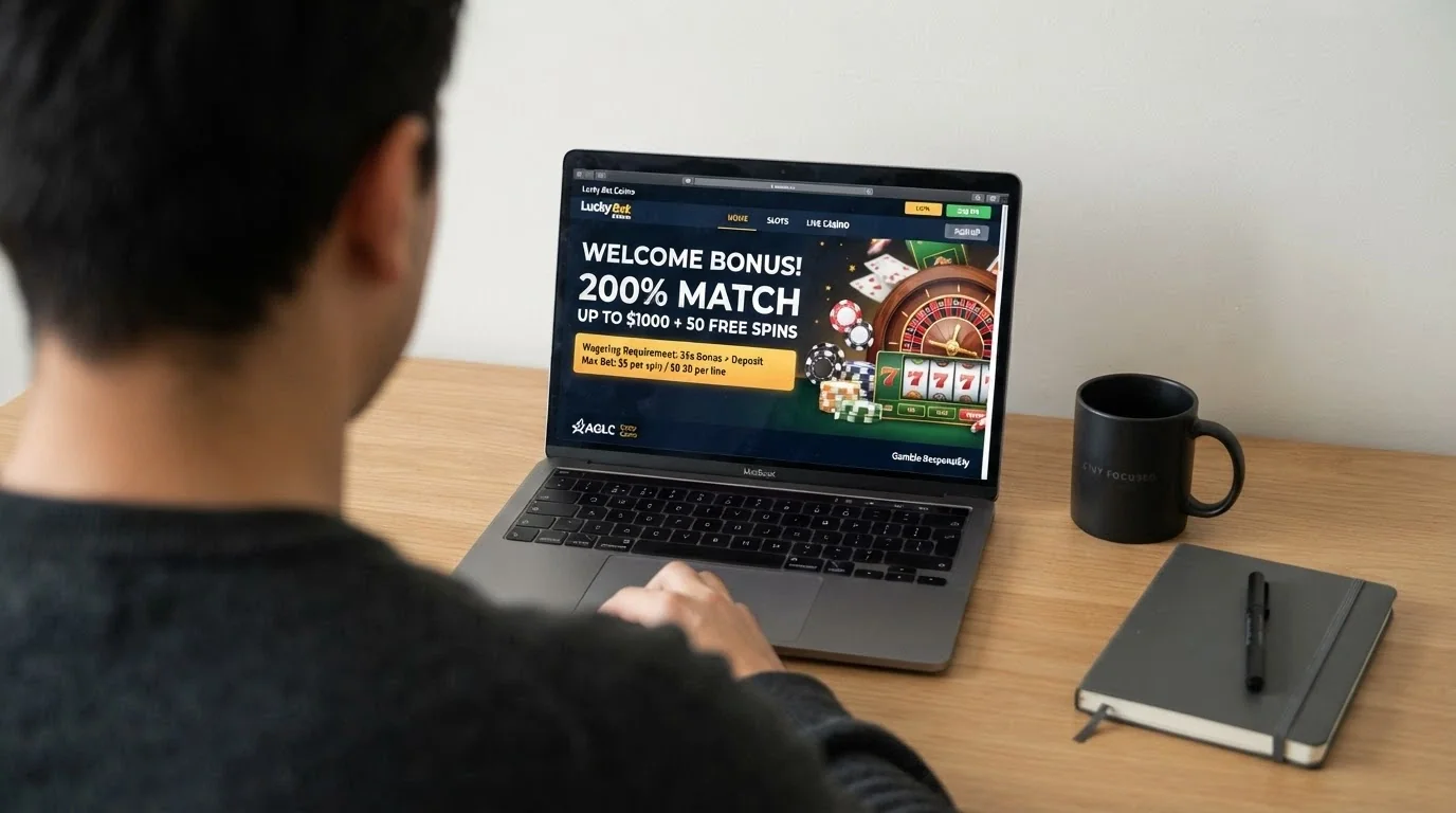 A casino promotions page showing a multi-deposit welcome package with the wagering requirement and max-bet condition highlighted