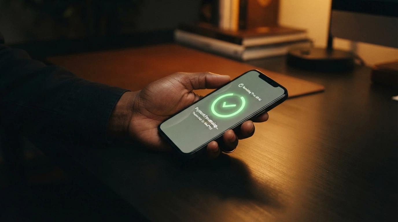 A smartphone showing a transaction-confirmation screen with a timer icon and a pending-to-complete progress bar