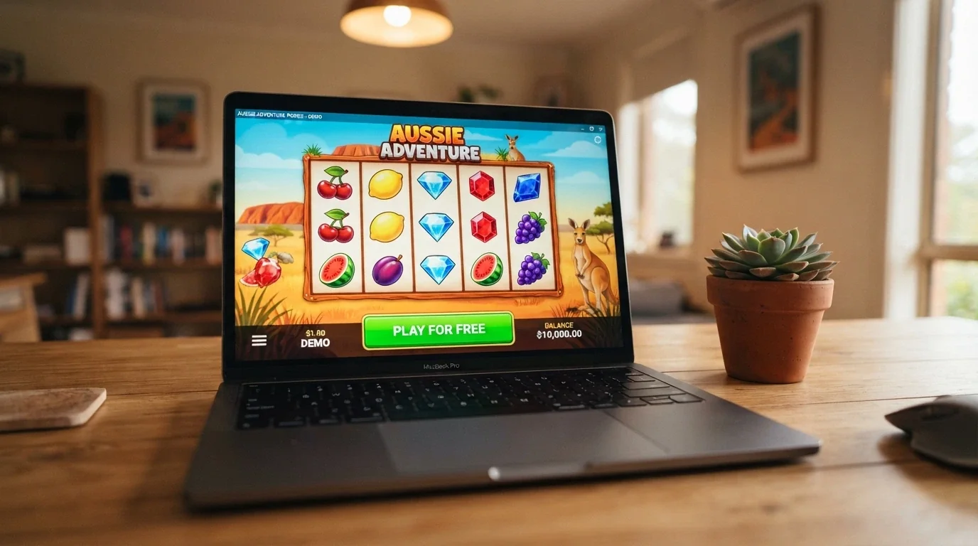 A laptop screen displaying a colourful pokie in demo mode, a “Play for Free” button highlighted, with no deposit prompt visible