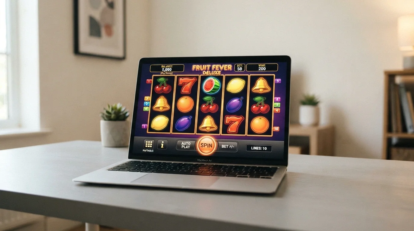 A 1spin4win slot loaded in a web browser with a play-money balance displayed, the spin button and paytable visible, no deposit prompt on screen