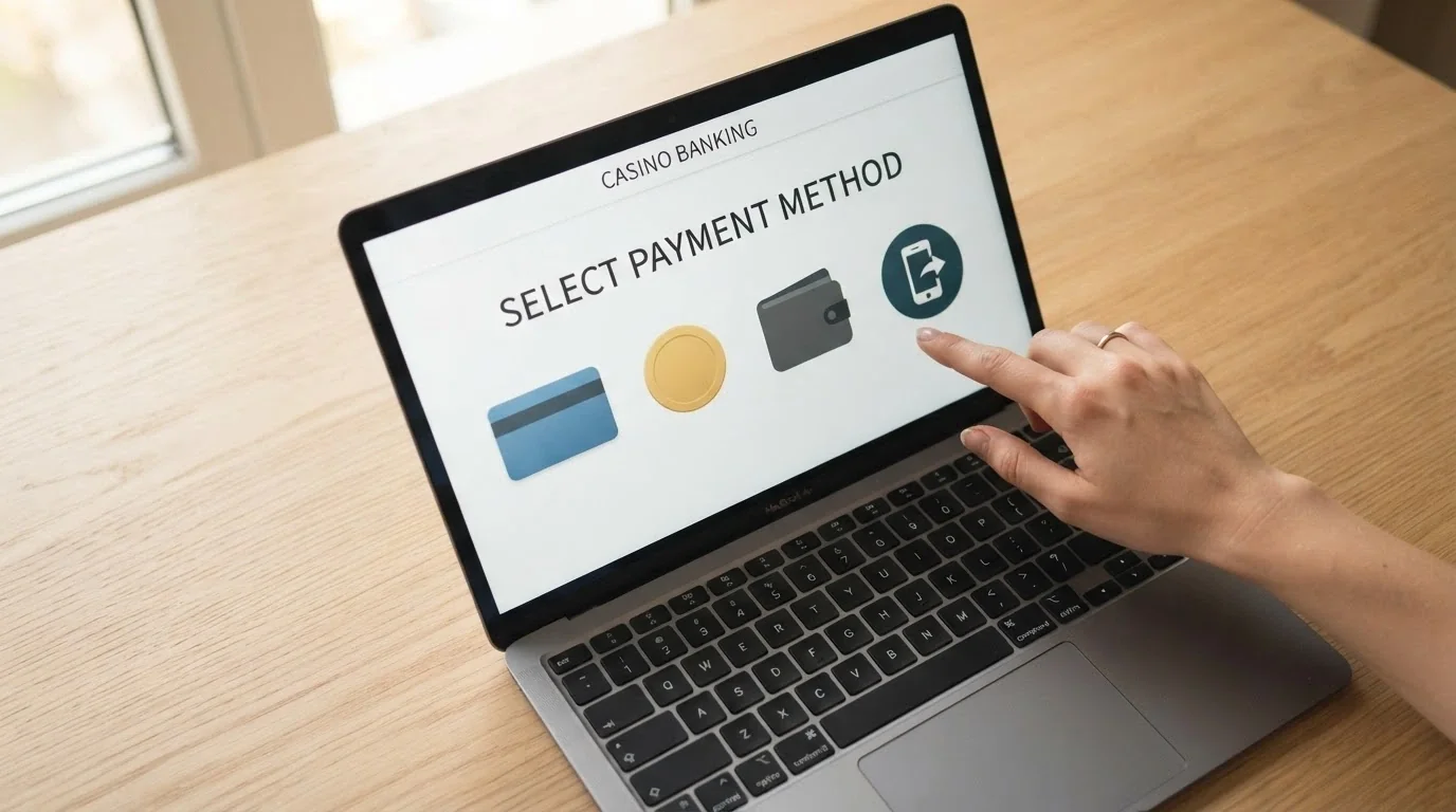 Payment method icons including Visa, Mastercard, Bitcoin and e-wallet logos on a casino banking page
