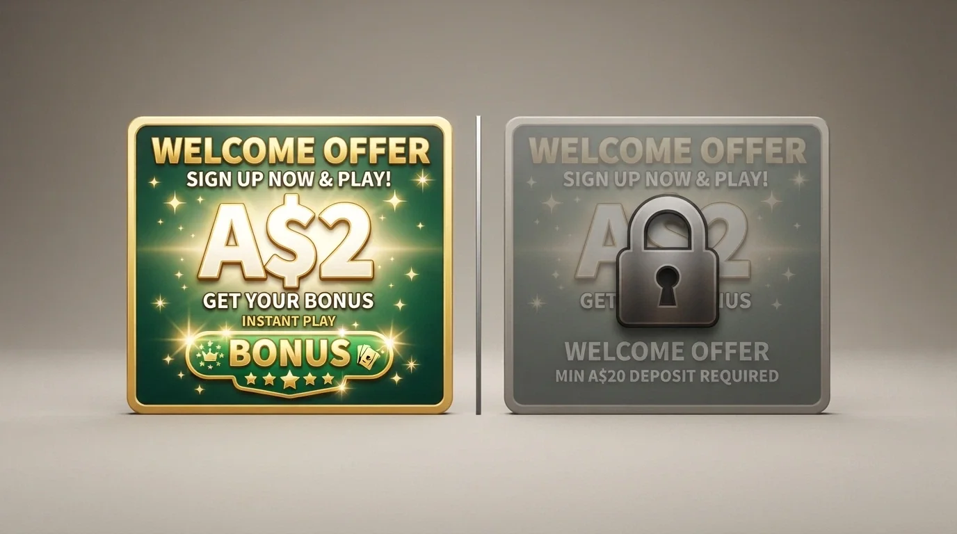 A split visual: one side showing a casino marketing banner promising a $2 minimum deposit with bonus graphics, the other side showing a greyed-out bonus button with “minimum $20 to qualify” text