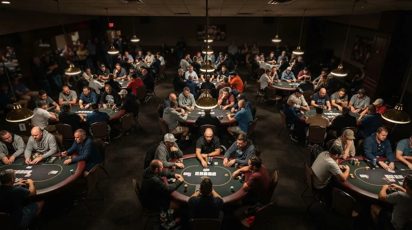 The District Poker room with nine permanent tables shown from above, chips stacked and players seated during a tournament hand