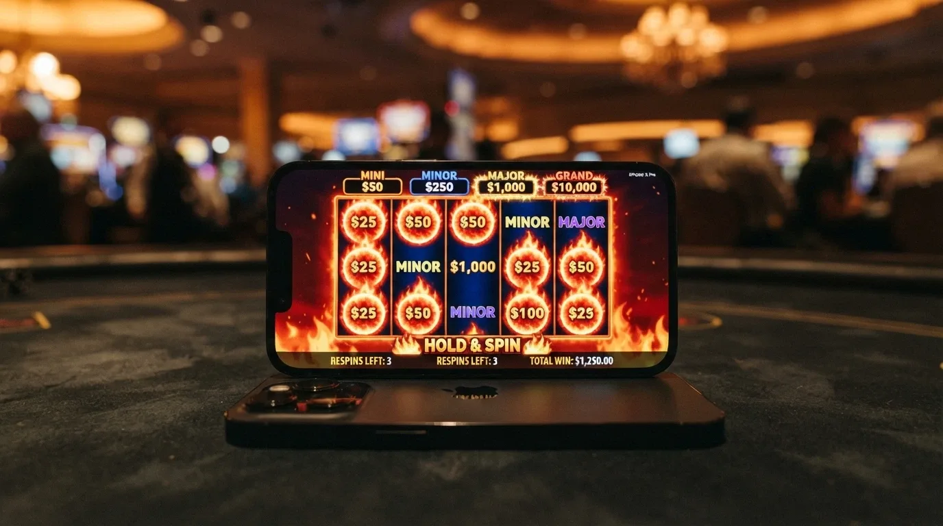 A smartphone in landscape orientation showing a Dragon Link pokies screen with fireball symbols and the Hold & Spin feature active, the four-tier jackpot visible at the top