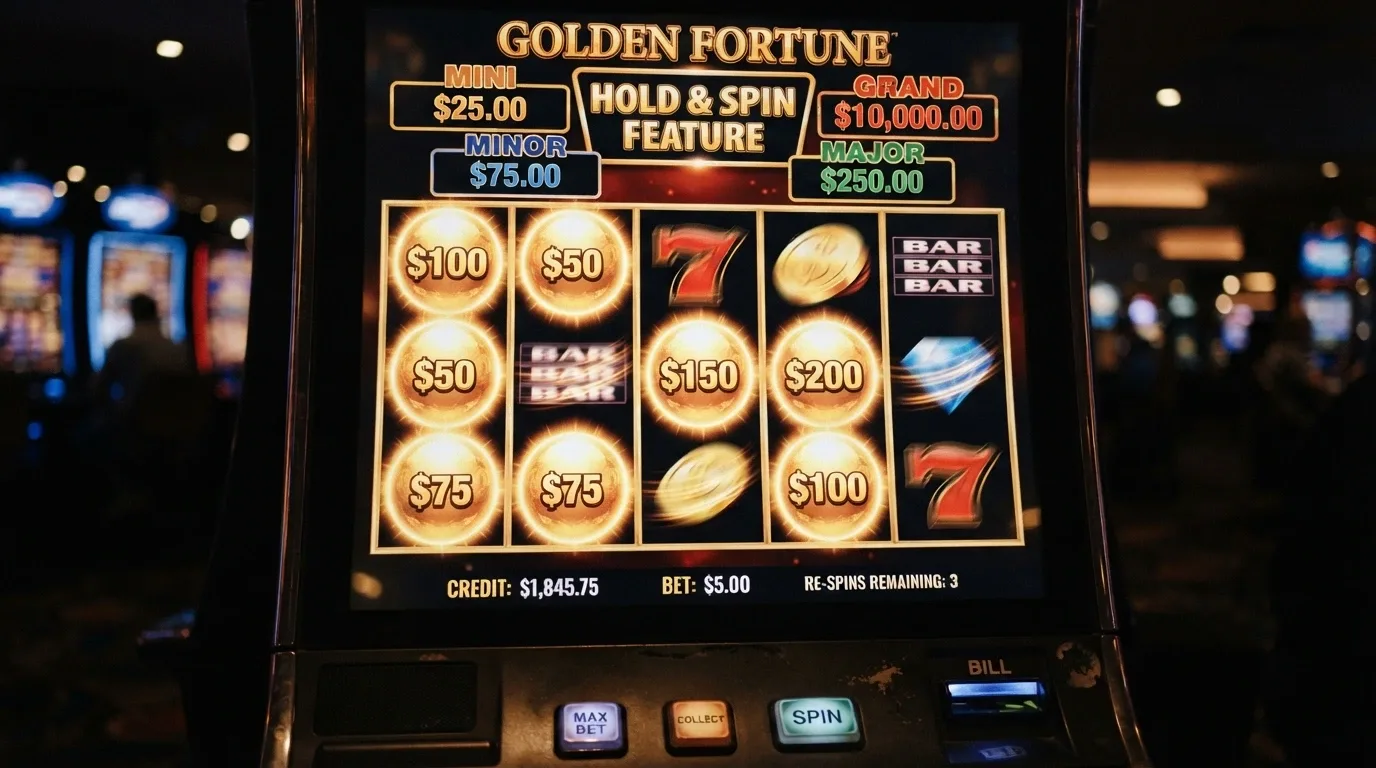 A Dragon Link pokies game screen mid-spin with the Hold & Spin bonus round triggered, showing the jackpot values above the reels