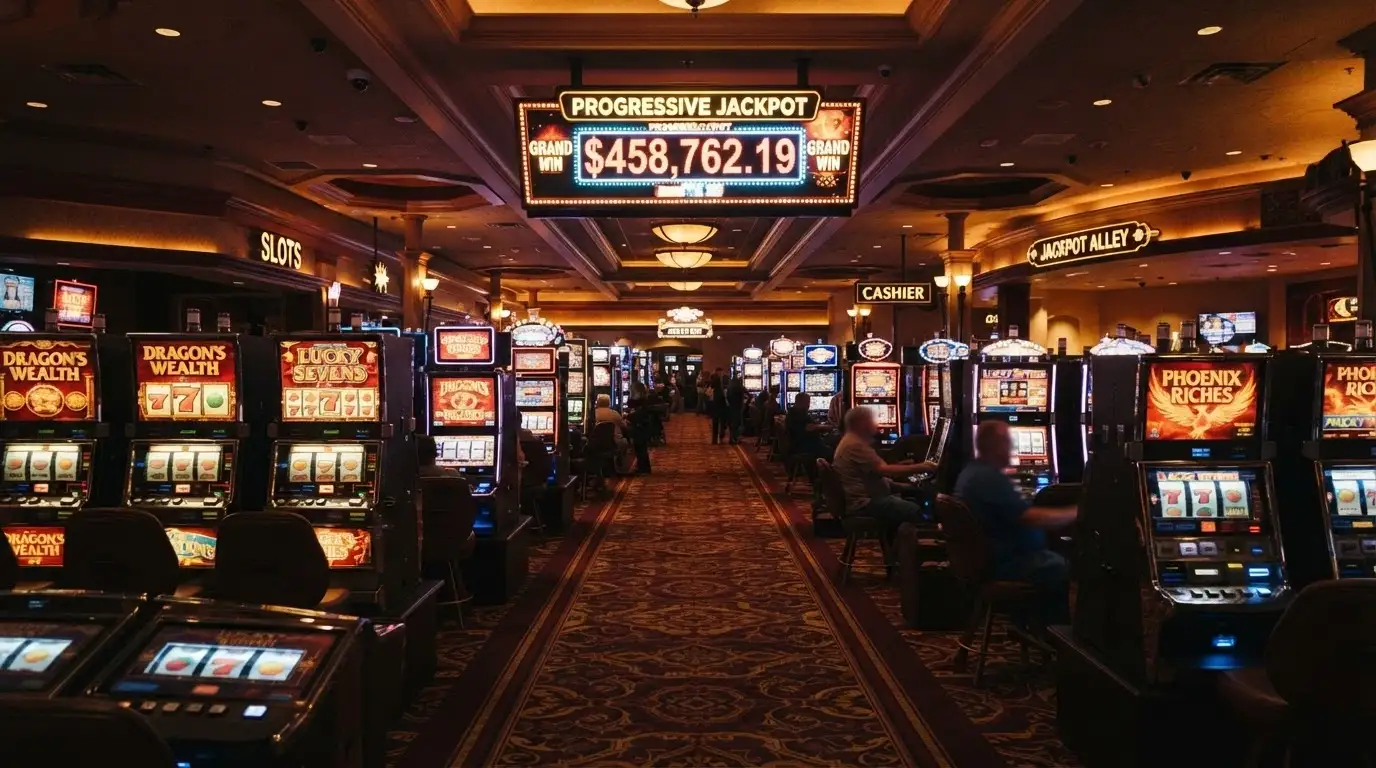 Rows of gaming machines in The Star Brisbane's Dragon Zone, with the Dragon Link Grand Jackpot display visible