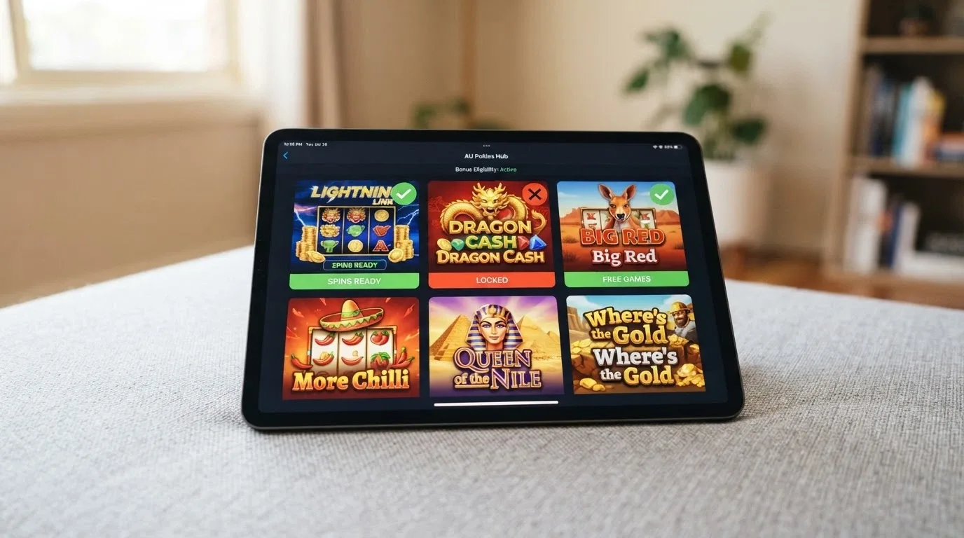 A grid of online pokies tiles with a green tick or red cross overlay marking bonus eligibility