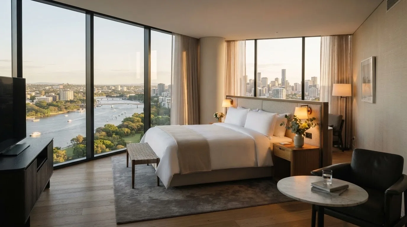 An Eos by SkyCity hotel room interior showing floor-to-ceiling windows, a king bed, and the Riverbank view beyond