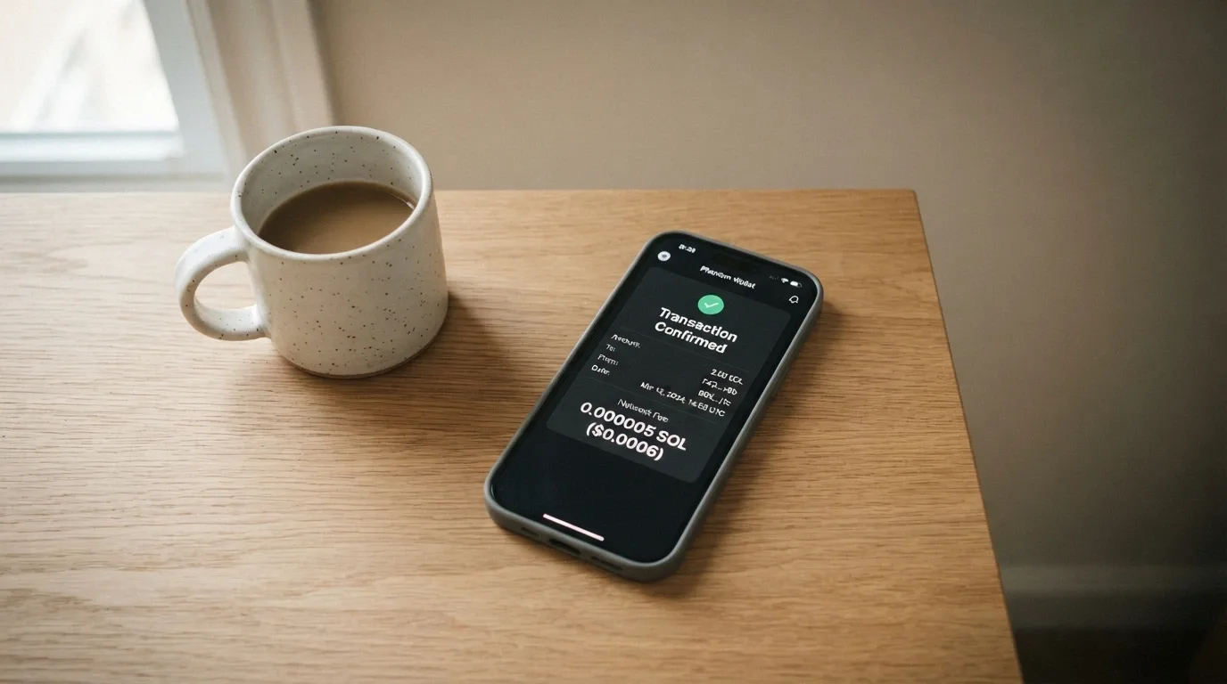 A cryptocurrency wallet interface showing a confirmed Ethereum transaction with network fee displayed