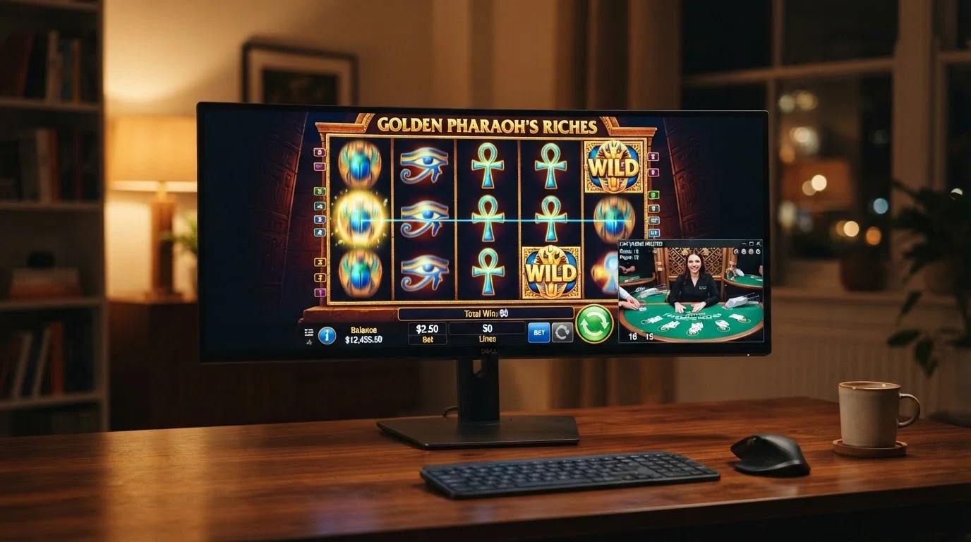 A row of online pokies reels on screen with Ethereum branding and a live-dealer blackjack table inset