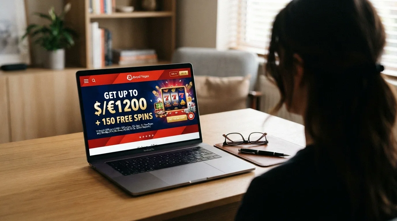 A casino landing page with a large bonus headline and fine-print terms underneath