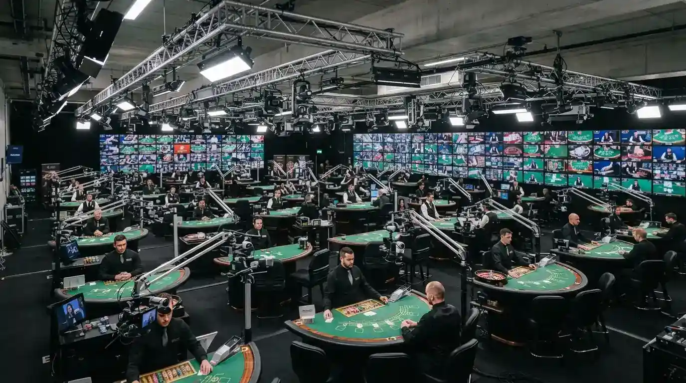 A wide shot of a live-casino streaming studio — rows of tables under professional lighting, multiple camera rigs per table, and production monitors showing the live feed that reaches the player's screen