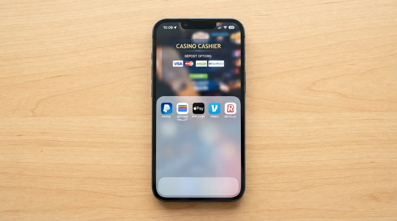 Five e-wallet app icons (Skrill, Neteller, PayPal, MiFinity, EzeeWallet) lined up on a phone home screen, with a casino banking page faintly visible in the reflection