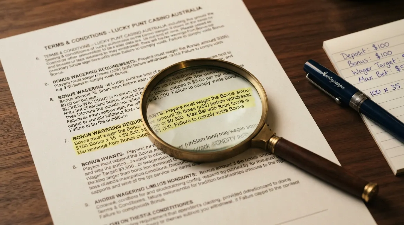 A magnifying glass held over the terms and conditions section of a casino bonus page, highlighting the wagering requirement and maximum bet clause