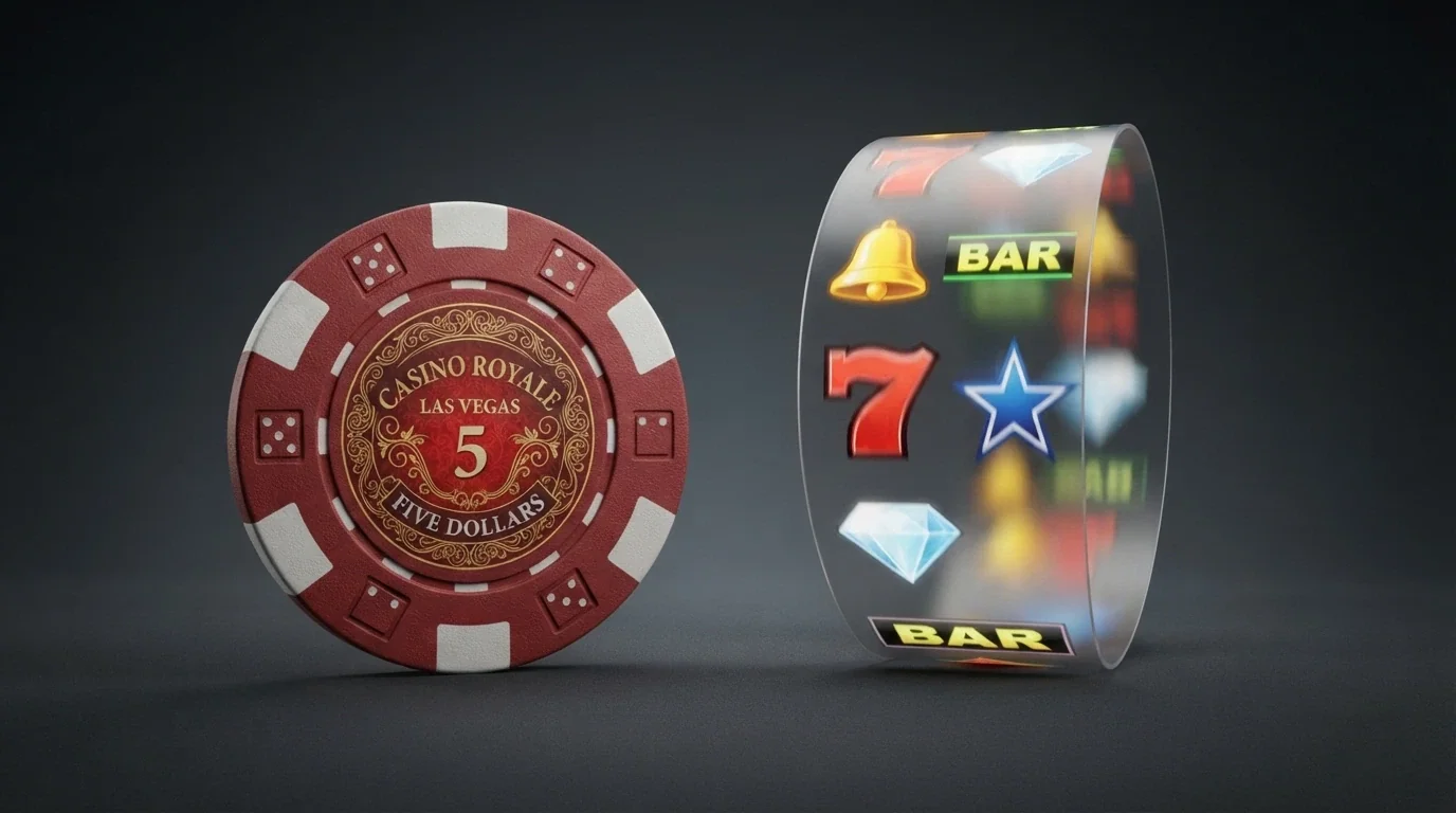 A split composition: on the left a casino chip marked “$10 Free Chip”, on the right a slot reel frozen mid-spin with the label “20 Free Spins”