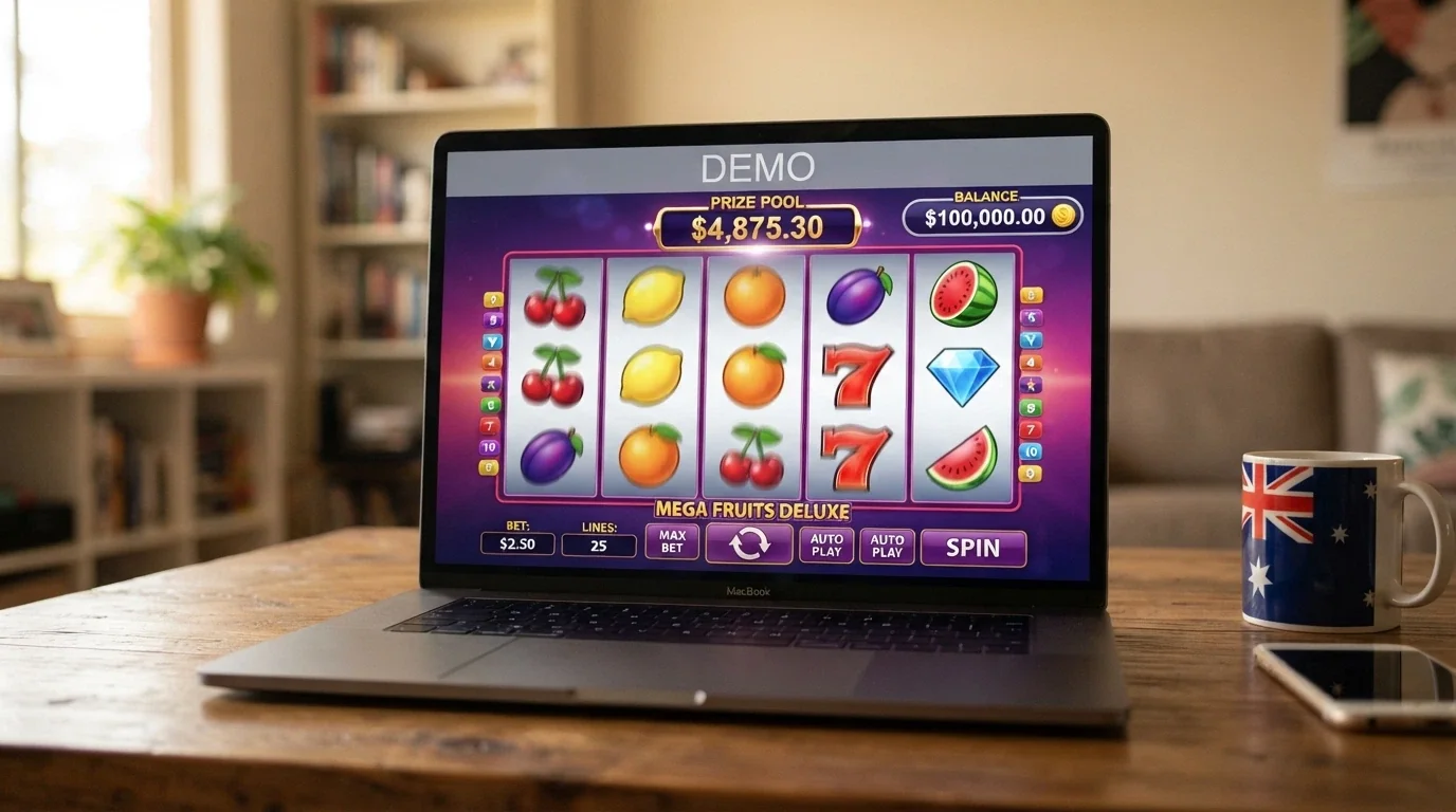 A jackpot pokie game screen in demo mode with a play-money balance and a visible jackpot meter, the screen overlay marking it as free play