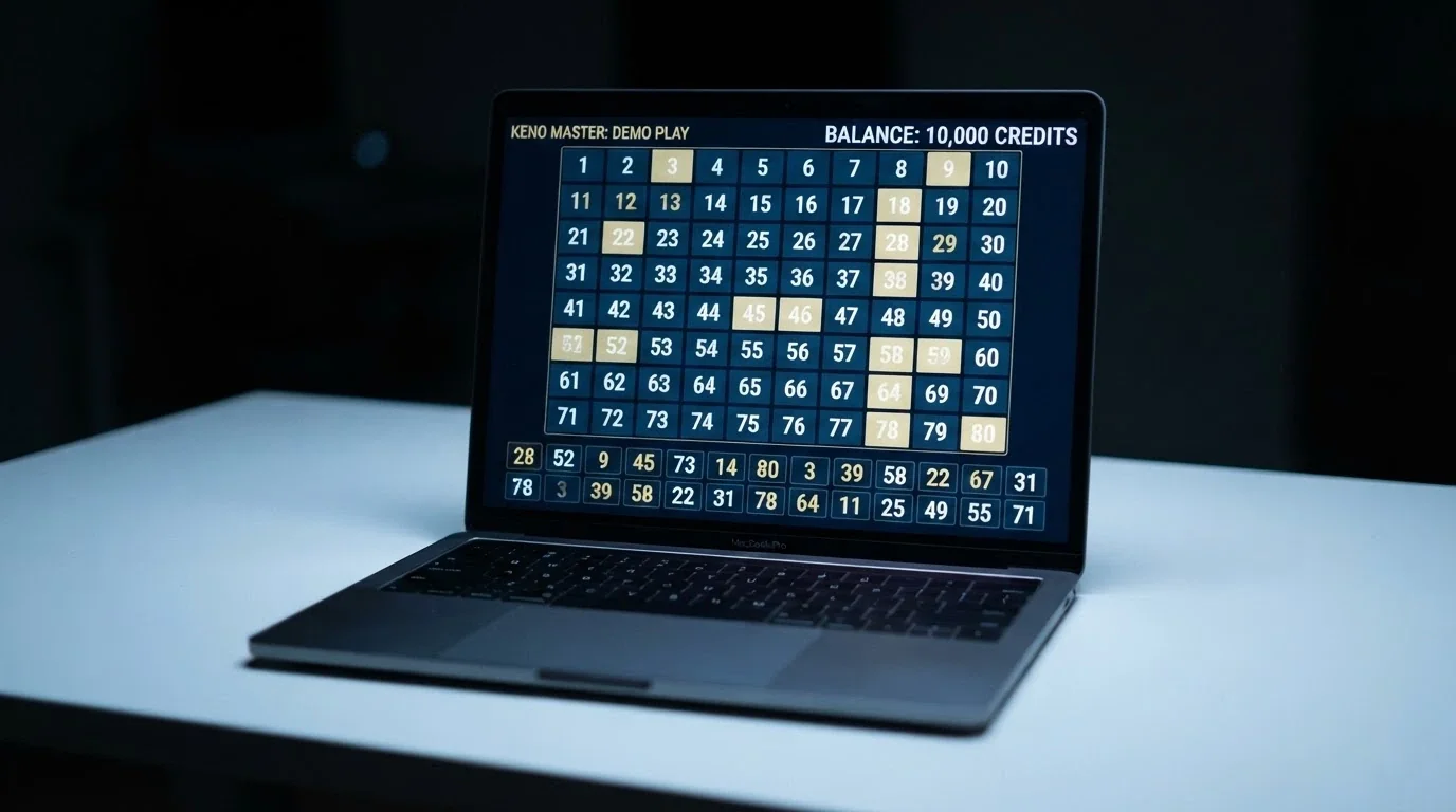 A demo-mode keno screen with a play-money balance displayed in the corner