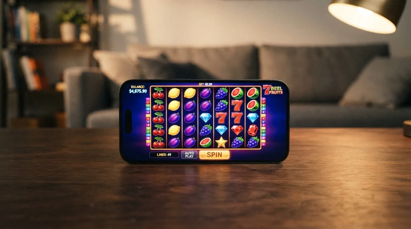 A 7-reel pokie running in demo mode with a virtual-credit balance displayed in the top bar and the spin button highlighted