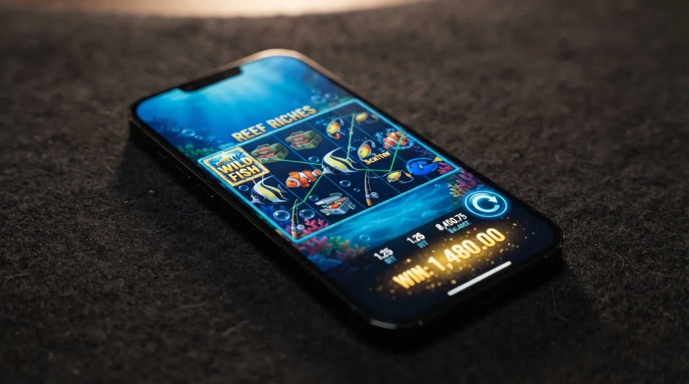 A close-up of a pokies screen showing the spin button and a win counter, with the wagering-requirement bar greyed out or absent