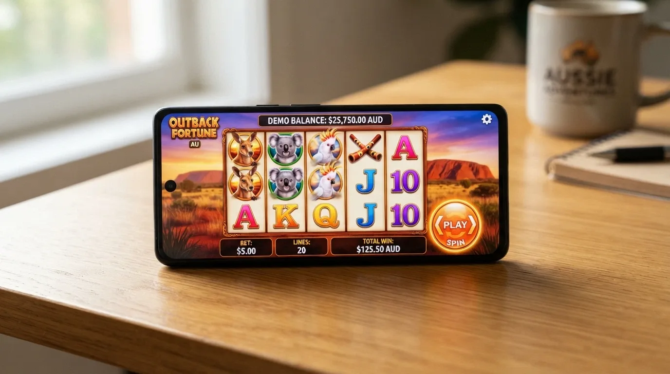 A smartphone in landscape orientation showing a pokies game in demo mode, with a prominent “PLAY FOR FREE” or demo-credits balance visible on screen